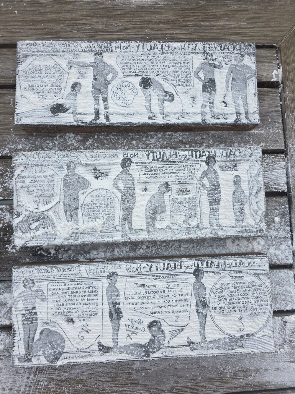 Vtg Road to Health & Beauty Exercise Printing Blocks Set 3 Letterpress Wood b199